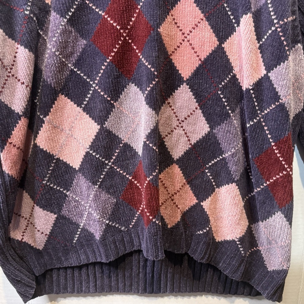 White Stag Vintage Y2K Women's XL Chenille Argyle V Neck Sweater Deep Purple - Picture 3 of 7